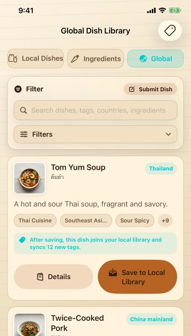 Tablumi global dish library interface